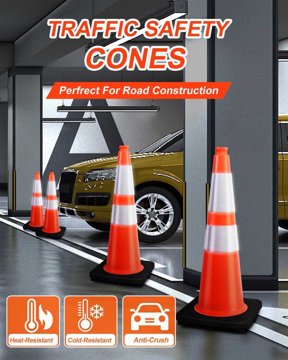 (8 Pack) BESEA 28” inch Traffic Safety Cones Orange Road Parking Cones Heavy Duty Construction Cone Structurally Stable for Traffic Control at Public Place