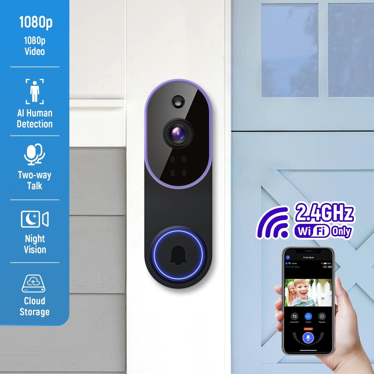 1080p Smart Video Doorbell Camera Wireless, Doorbell Receiver Included, Live View, AI Human Detection, Night Vision, Cloud Storage, 2.4G WiFi, Battery Powered, Indoor Outdoor Surveillance