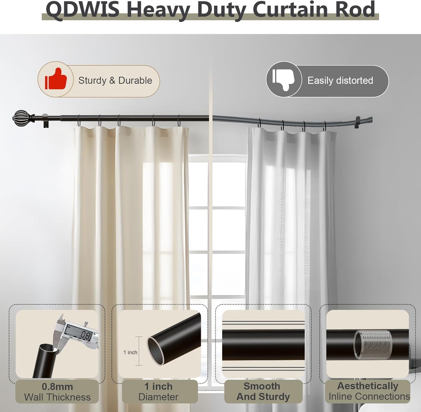 2 Pack Black Curtain Rods for Windows 48 to 84 Inch, 1'' Adjustable Heavy Duty Curtain Rod，Vintage Decorative Drapery Rods with Pumpkin Finials for Bedroom Living Room