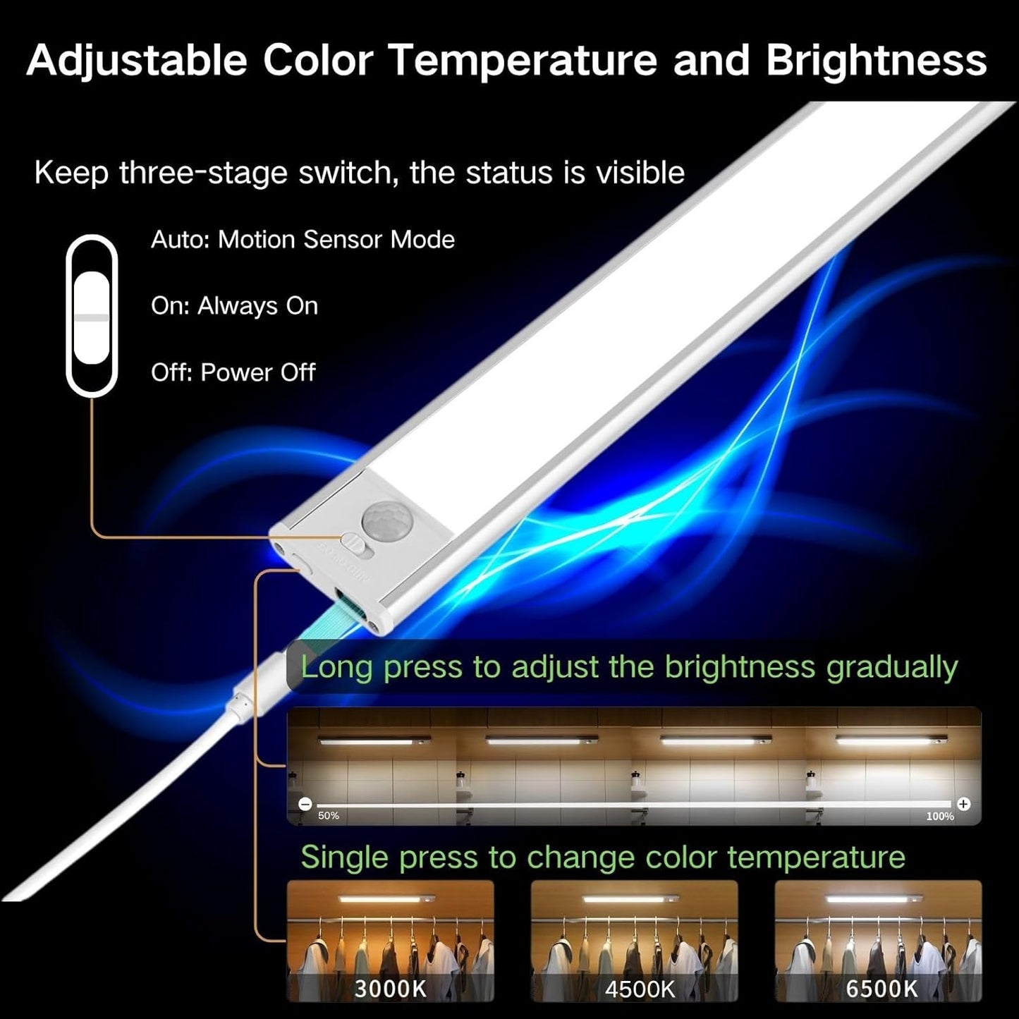 Motion Sensor Under Cabinet Lighting-Magnetic Rechargeable Closet Lights for Kitchen,Stairs,Wardrobe | 3-Color Dimmable LED Under Counter Lighting | Pro Battery Upgrade (1, 16 inch)