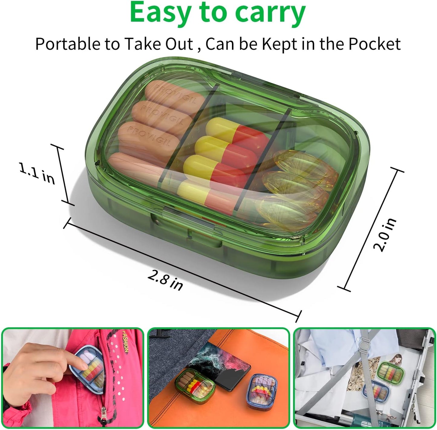 2 Pack 3 Compartment Small Pill Box, Moisture Proof Case, Travel Organizer for Pocket Purse, Daily Portable Medicine Vitamin Container, Fish Oil and Supplement Storage