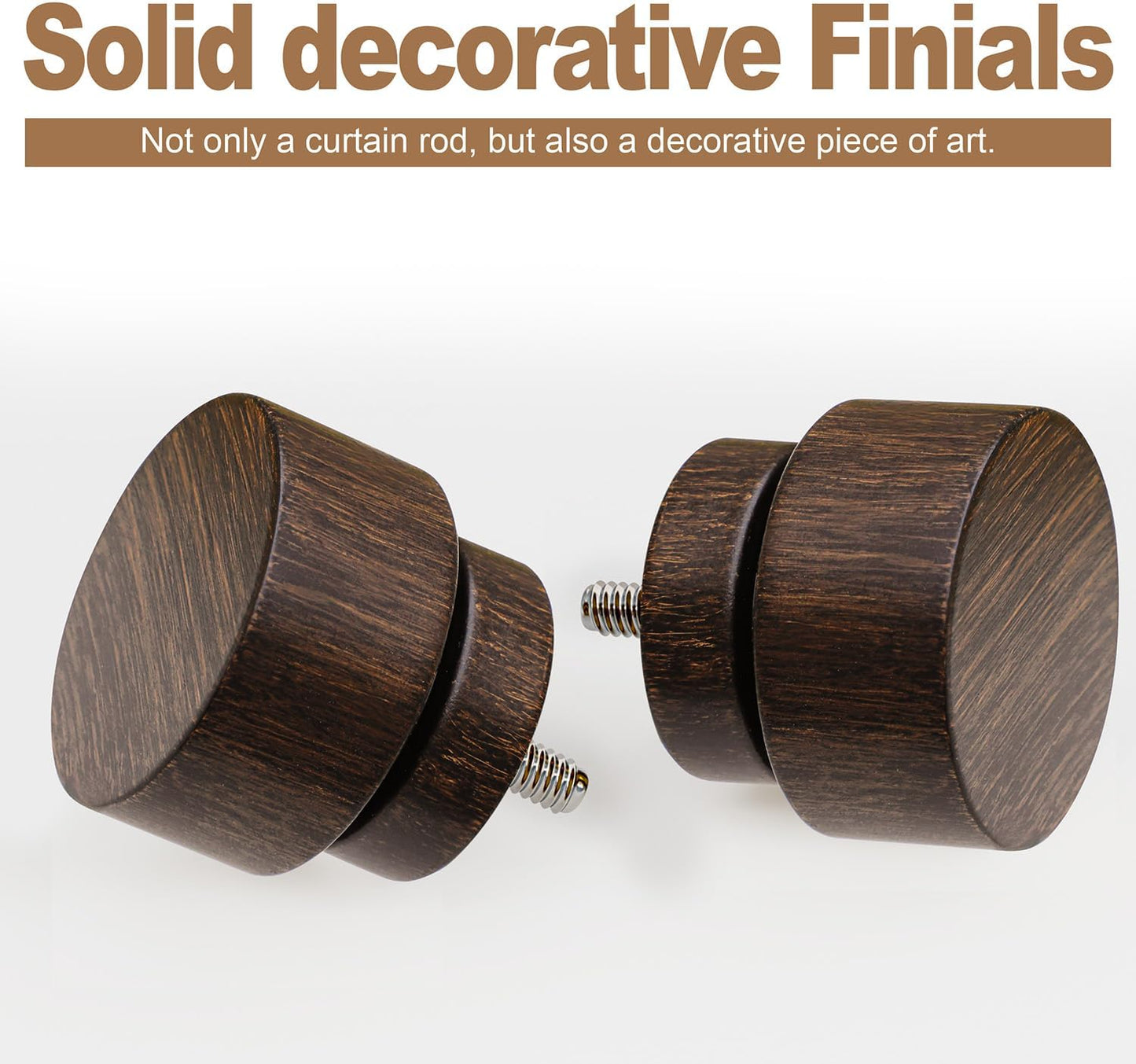 2 Pack Deep Walnut Wood Grain Curtain Rods for Windows 66 to 120 Inches 1" Diameter Heavy Duty Window Curtain Rod Adjustable with Solid Finials for Living Room Bedroom Kitchen Farmhouse Outdoor