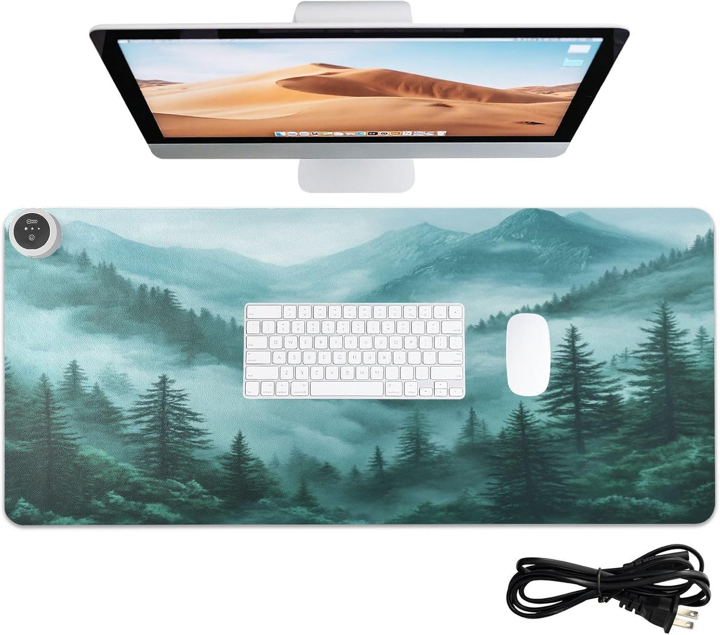 Heated Desk Pad Mouse Pad 31.5x13 Inch PU Leather Desk Mat with 3 Heat Levels Large Mouse Gaming Computer Laptop Mat Foggy Green Mountains and Pine Trees