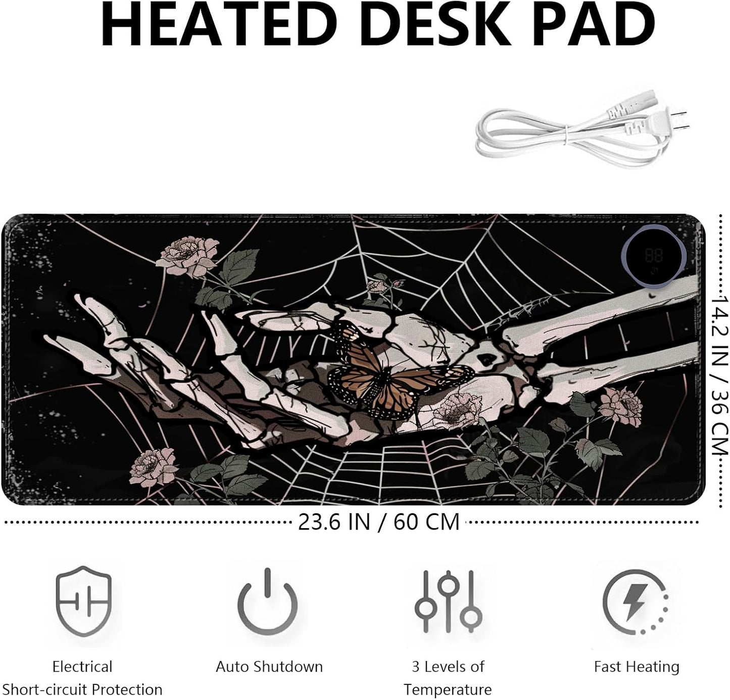 Heated Mouse Pad with 3 Levels Heated & 3 Hours Auto Shut-Off Mouse Pad for Warming Hands in Office Home, 23.6" x 14.2"Large Safe Desk Mat Hand Warmer，Skeleton Hand Spider Web