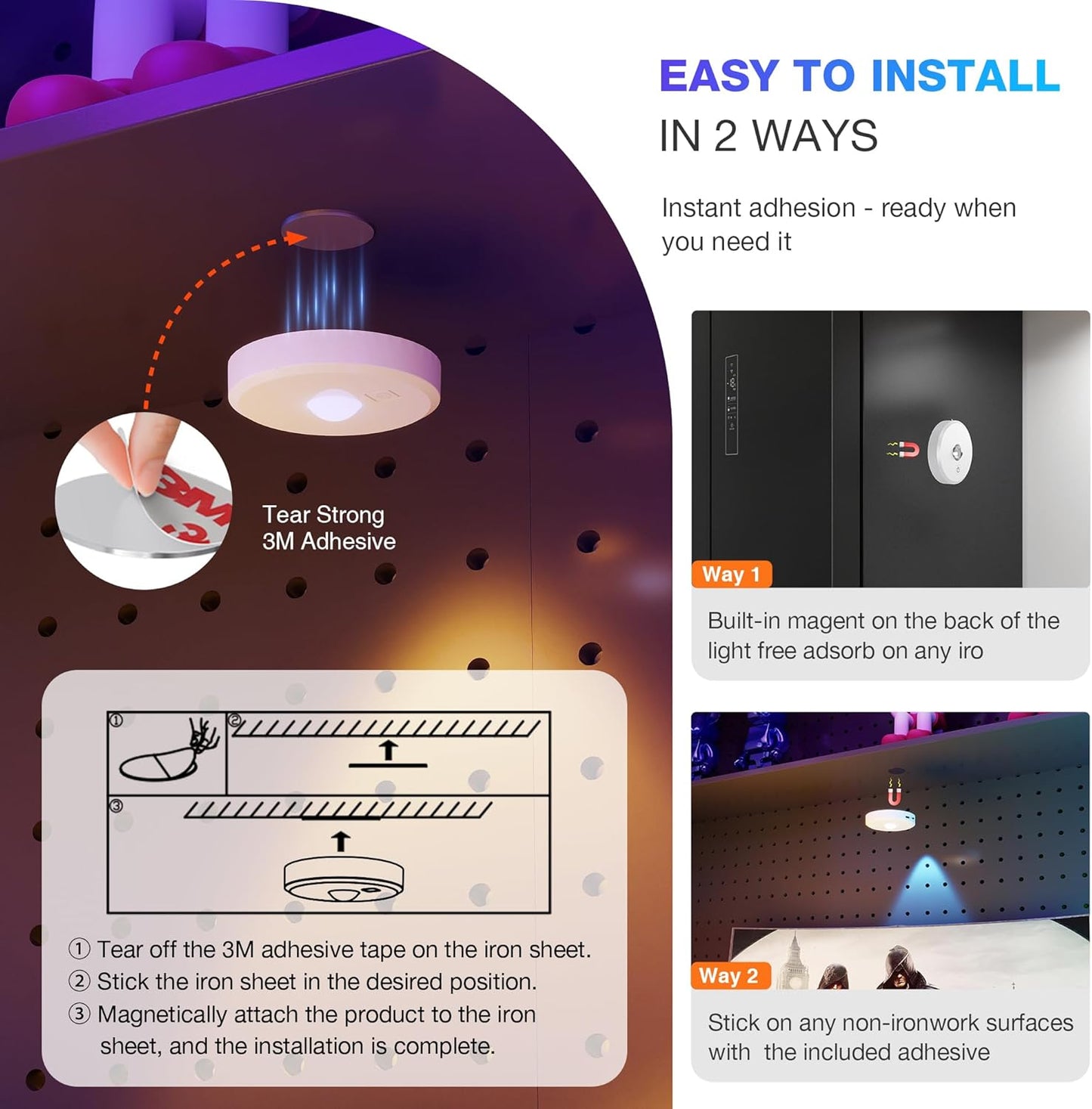 RGB Puck Lights with Remote Control, 2000mAh Battery Operated Tap Lights Rechargeable, 9 Colors & 2 Dynamic Changing Under Cabinet Lighting, Magnetic Stick on Light for Closet(White, 5 Pack)