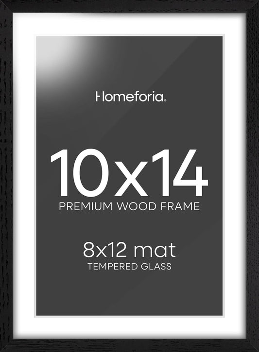 Homeforia 10x14 Picture Frame Black Wood, High End Oak 10x14 Poster Frames with Mat 8x12, 10 x 14 Wooden Frame Matted to 8 x 12 inch Photo, 14x10 Thin Hanging Frame, Tempered Glass, Wall Kit, Set of 1