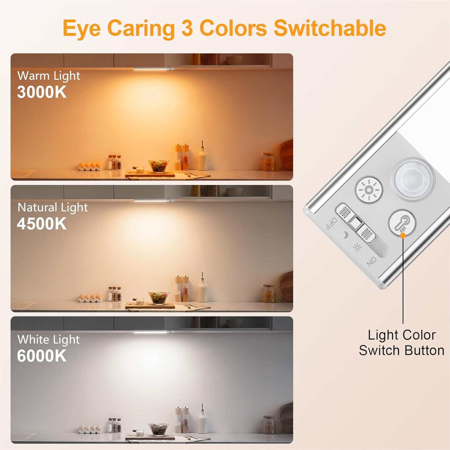 Gritin 10.2inch Under Cabinet Lighting Rechargeable -84 LED Super Bright,3-Color& 5 Level Brightness,4 Modes,Motion Sensor,Long Lasting- Easy Installation Magnetic Under Cabinet Closet Lights -2 Pack