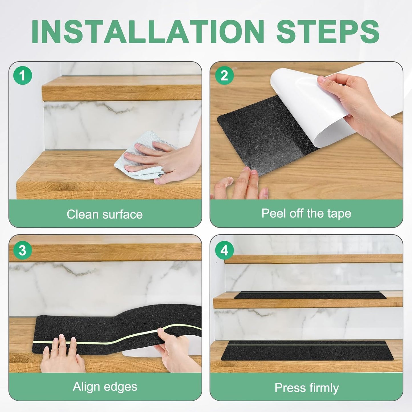 15-Pack Anti Slip Traction Tape 24" x 6" Best Grip Tape Grit with 6mm/0.24" Glow in Dark Stripe High Traction Friction Abrasive Adhesive for Indoor/Outdoor Stairs[Black+Green]