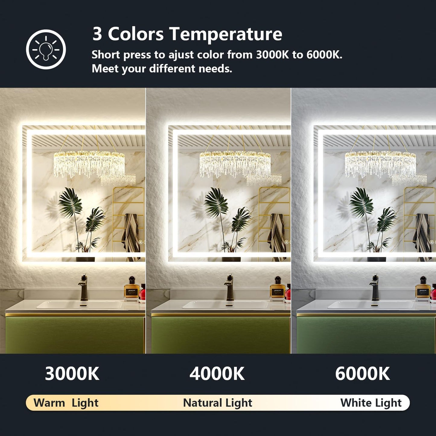 88x38 Inch LED Bathroom Mirror with Lights Front and Backlit Lighted Vanity Mirror for Bathroom Wall with 3 Colors Dimmable Anti-Fog Memory Shatter-Proof IP54 Waterproof Horizontal/Vertical
