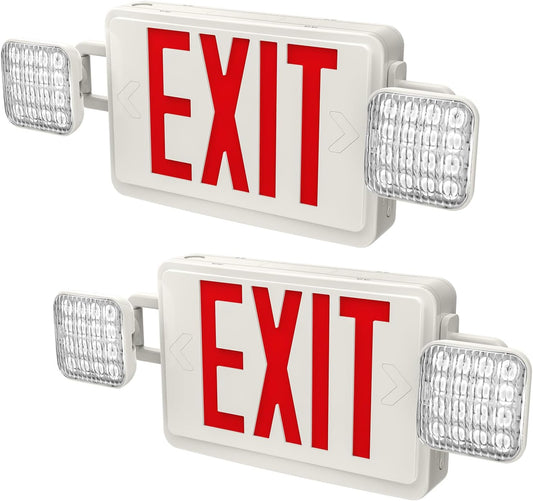 2 PACK LED Exit Sign Battery Backup with Emergency -EXIT Sign with 2 Adjustable Head Lights and Back Up Batteries- Emergency Exit Lighting, UL 924,120-277 VAC.