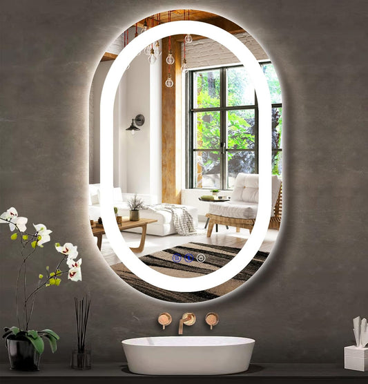 24 x 16 Inch Oval LED Bathroom Mirror with Front Lights Smart Memory 3 Color Adjustable Brightness Anti-Fog 24 Inch Oval Lighted Vanity Mirror for Bathroom Wall Horizontal Vertical Mounted