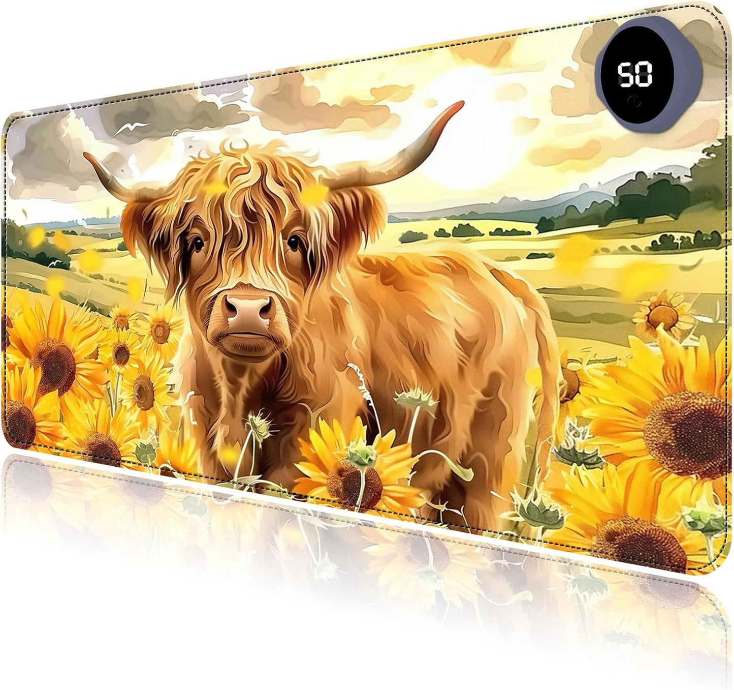 Heated Mouse Pad with 3 Levels Heated & 3 Hours Auto Shut-Off Mouse Pad for Warming Hands in Office Home, 31.5" x 13"Large Safe Desk Mat Hand Warmer，Sunflower Highland Cow