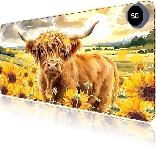 Heated Mouse Pad with 3 Levels Heated & 3 Hours Auto Shut-Off Mouse Pad for Warming Hands in Office Home, 23.6" x 14.2"Large Safe Desk Mat Hand Warmer，Sunflower Highland Cow