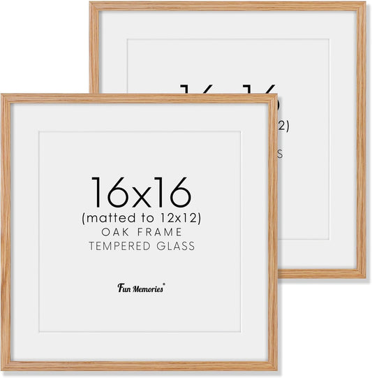 16x16 Picture Frames, Solid Oak Wood Photo Frame 16 by 16, Rustic Wooden Square Picture Frame with Tempered Real Glass, 16 x 16 Square Frame Matted to 12 x 12, Natural Color, Set of 2