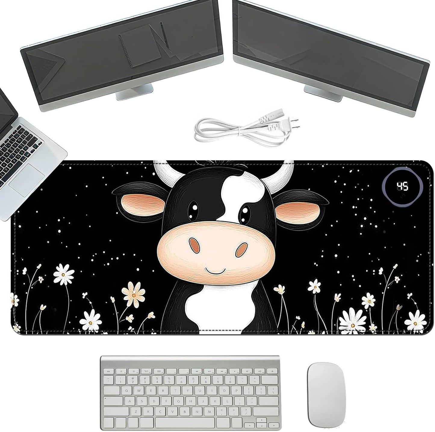 Heated Mouse Pad with 3 Temperature Settings(104°F–122°F),Large 31.5x13 Inch PU Leather Heated Desk Mat,Waterproof Warming Pad for Office,Gaming & Cold Hands Relief,Cute Black White Cow