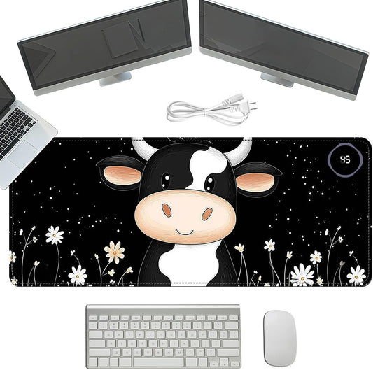 Heated Mouse Pad with 3 Temperature Settings(104°F–122°F),Large 31.5x13 Inch PU Leather Heated Desk Mat,Waterproof Warming Pad for Office,Gaming & Cold Hands Relief,Cute Black White Cow