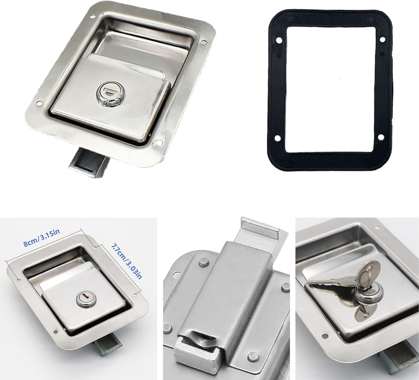 1 Pack Stainless Door Lock Heavy Duty Flush Mount Handle Latch for Trailer Toolbox RV Handle Latch with Gasket Keys