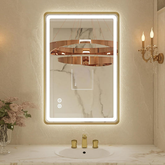 24x32 Inch LED Bathroom Mirror with Round Corner Gold Framed, Lighted Vanity Mirrors with Lights, Front Light and Backlit, Stepless Dimmable, Anti-Fog, Memory, 3 Colors Wall-Mounted Mirrors