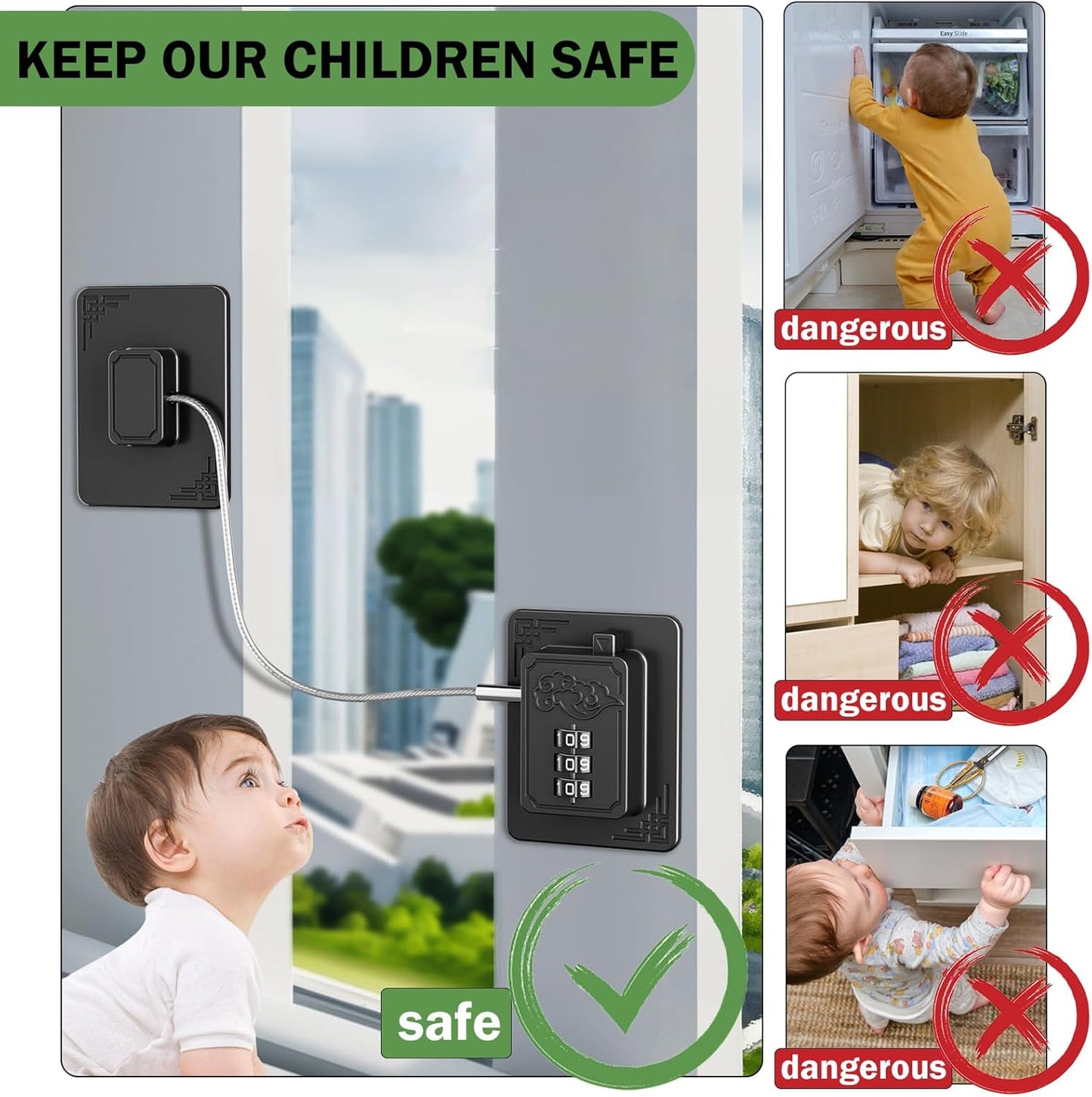 2 Pack Refrigerator Locks with 3 Digit Code, Easy Install Fridge Lock Combination, Premium Freezer Lock, Child Proof Cabinet Locks for Refrigerators, Drawers, Closets, Windows (Black)