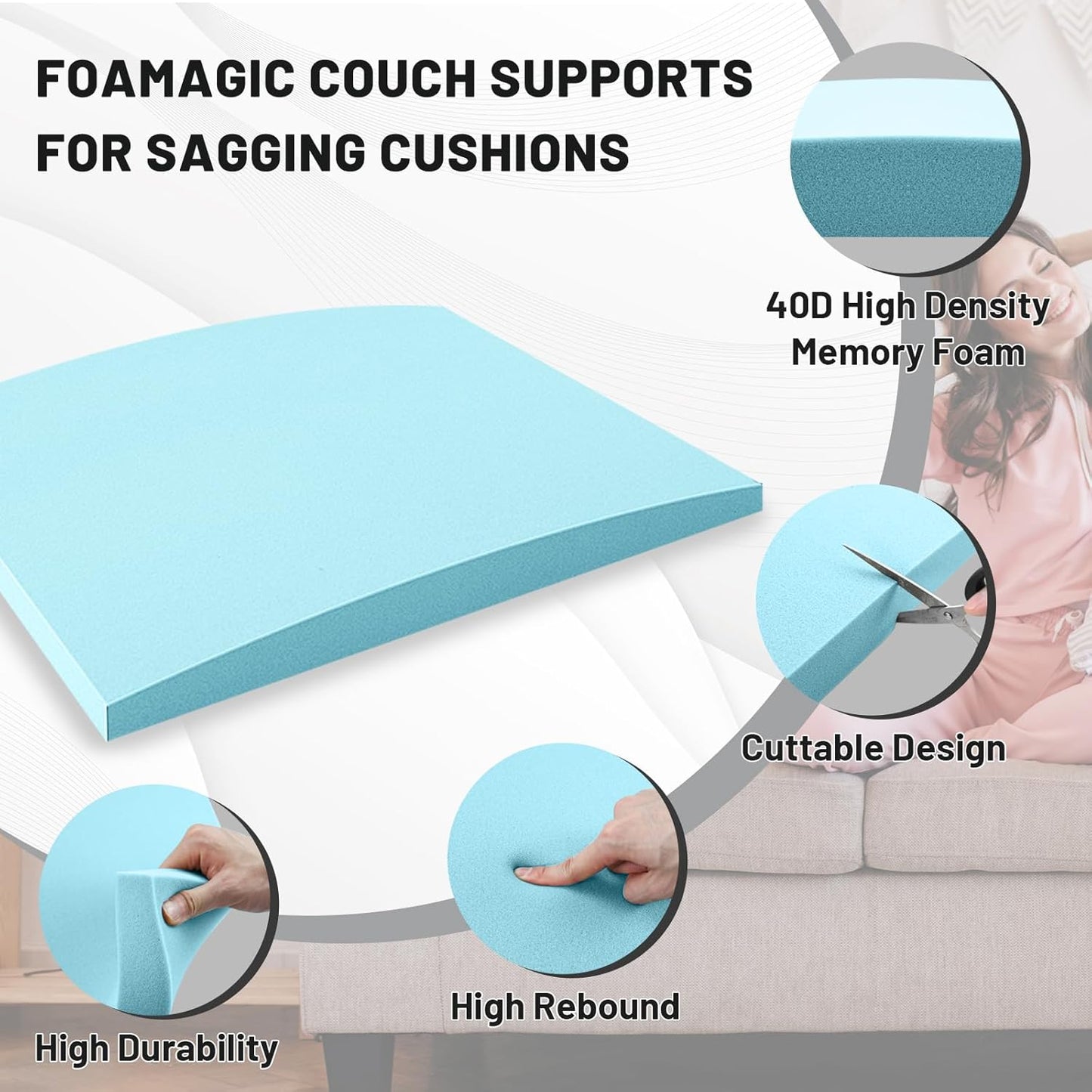 Couch Cushion Support, Sofa Cushion Support for Sagging Couch Seat, 20x20x2in, Couch Replacement Insert, High Density Foam Furniture Seat Sagging Repair, Trapezoid 40D, Blue Set of 2