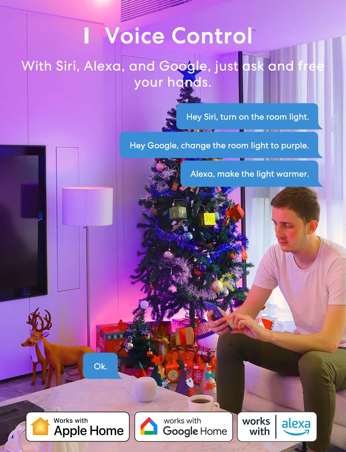 meross Smart LED Light Bulb, Smart WiFi LED Bulbs Compatible with Apple HomeKit, Siri, Alexa, Google Home & SmartThings, Dimmable E26 Multicolor 2700K-6500K RGBWW, 810 Lumens 60W Equivalent, 2 Pack