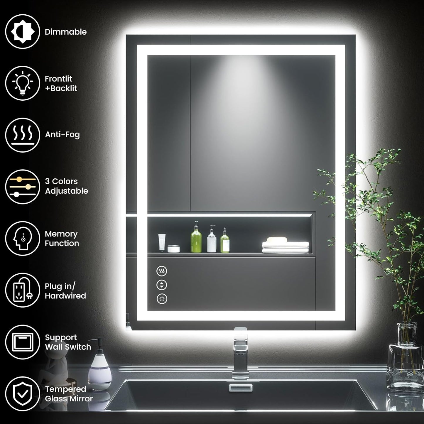 28X36 LED Bathroom Mirror with Lights, Anti-Fog, Backlit + Front Lit, Lighted Bathroom Vanity Mirror for Wall, Memory Function, Dimmable, Tempered Glass, Shatter-Proof