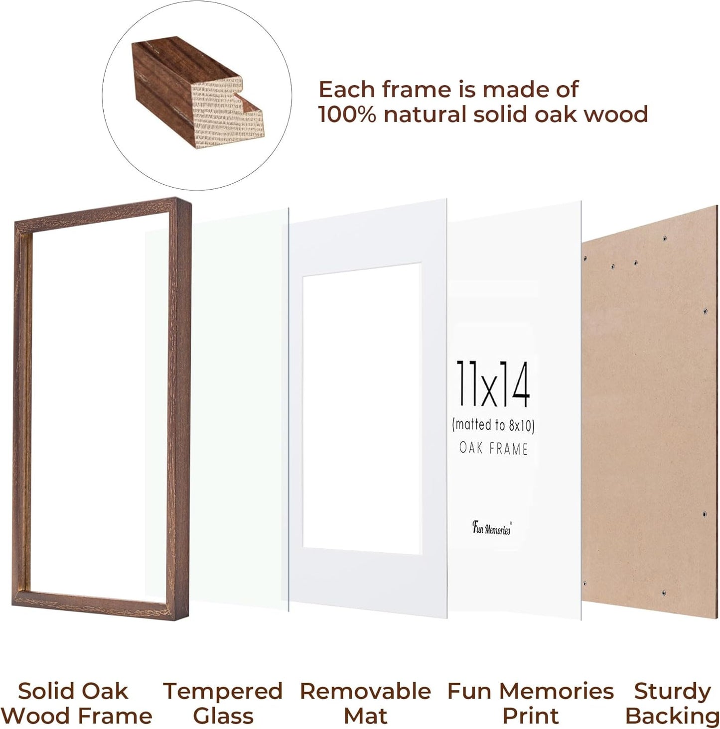 11x14 Picture Frame for Wall, 11 x 14 Photo Frames - Made of Solid Oak Wood & Tempered Real Glass, Rustic Wood 11 by 14 Frames for Home Decor, 11x14 Frame Matted to 8x10, Walnut Color, 1 Pack