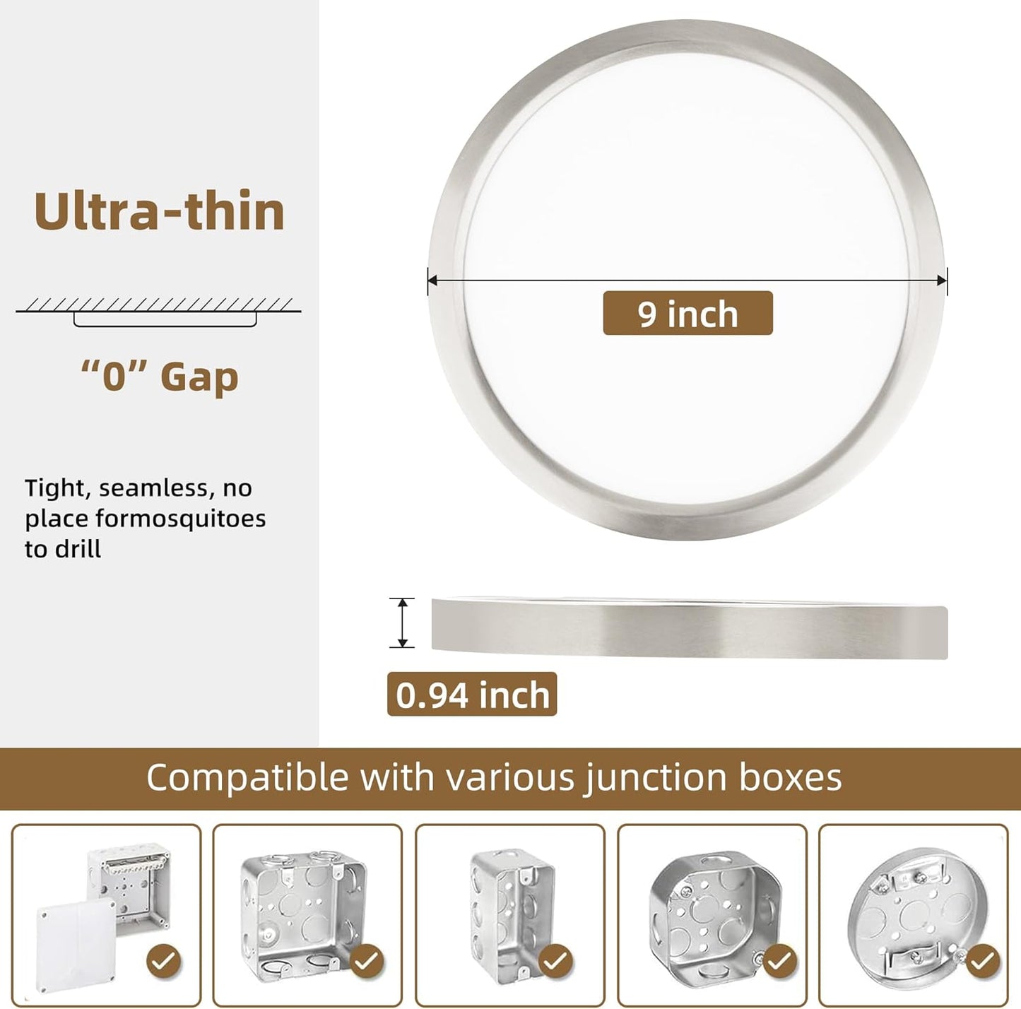 Hlite 4pack 9 Inch Flush Mount LED Ceiling Light Fixture,18W 1800LM Super Slim Light Fixtures Ceiling Mount 3000K/4000K/5000K 3CCT Selectable,Light Fixtures for Kitchen,Bedroom (Brush Nickel)
