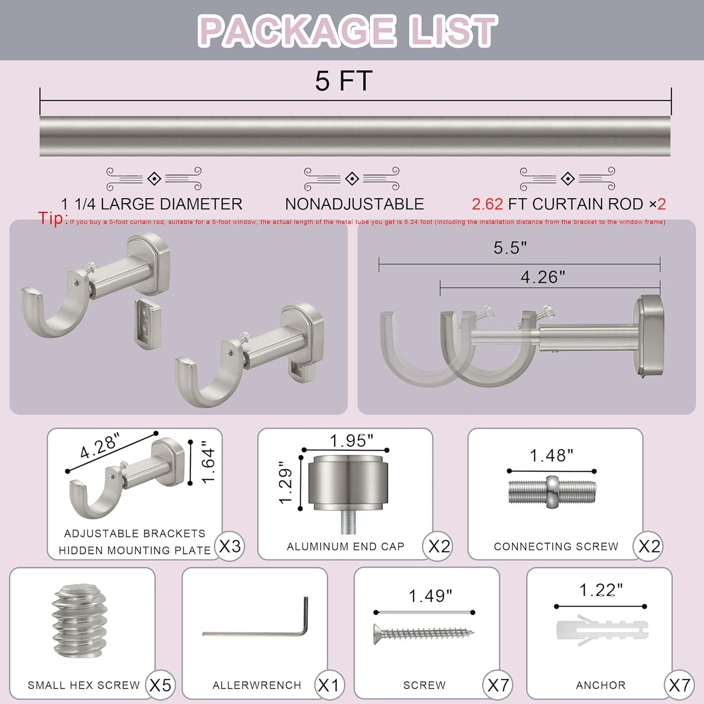 Heavy Duty Curtain Rods,1 1/4" Large Diameter Premium Nonadjustable Curtain Rod,60in/5ft Custom Window Treatment Rods with Durable Aluminum Brackets and End Caps,Brushed Nickel Finish