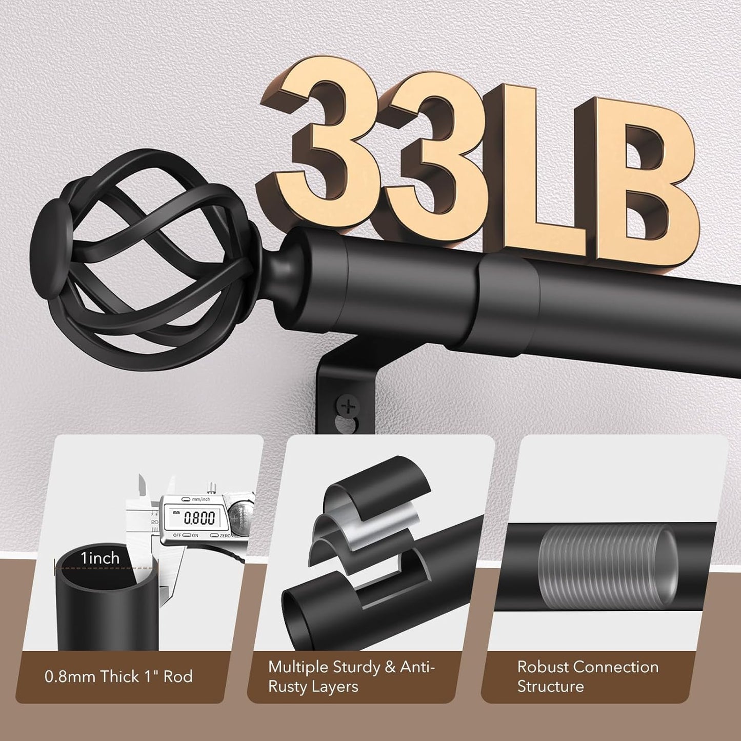 2 Pack Curtain Rods for Windows 28 to 48, 1 Inch Adjustable Decorative Black Curtain Rod, Modern Heavy Duty Drapery Rods with Twisted Cage End, Telescoping Splicing Structure, Size 32"-60"