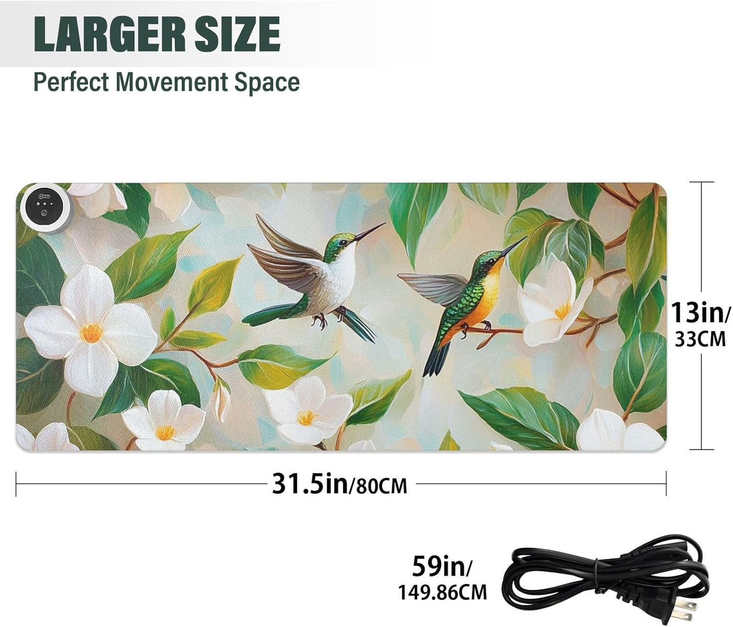 Heated Desk Pad Mouse Pad 31.5x13 Inch PU Leather Desk Mat with 3 Heat Levels Large Mouse Gaming Computer Laptop Mat Jasmine Flowers Green Leaves and Hummingbird