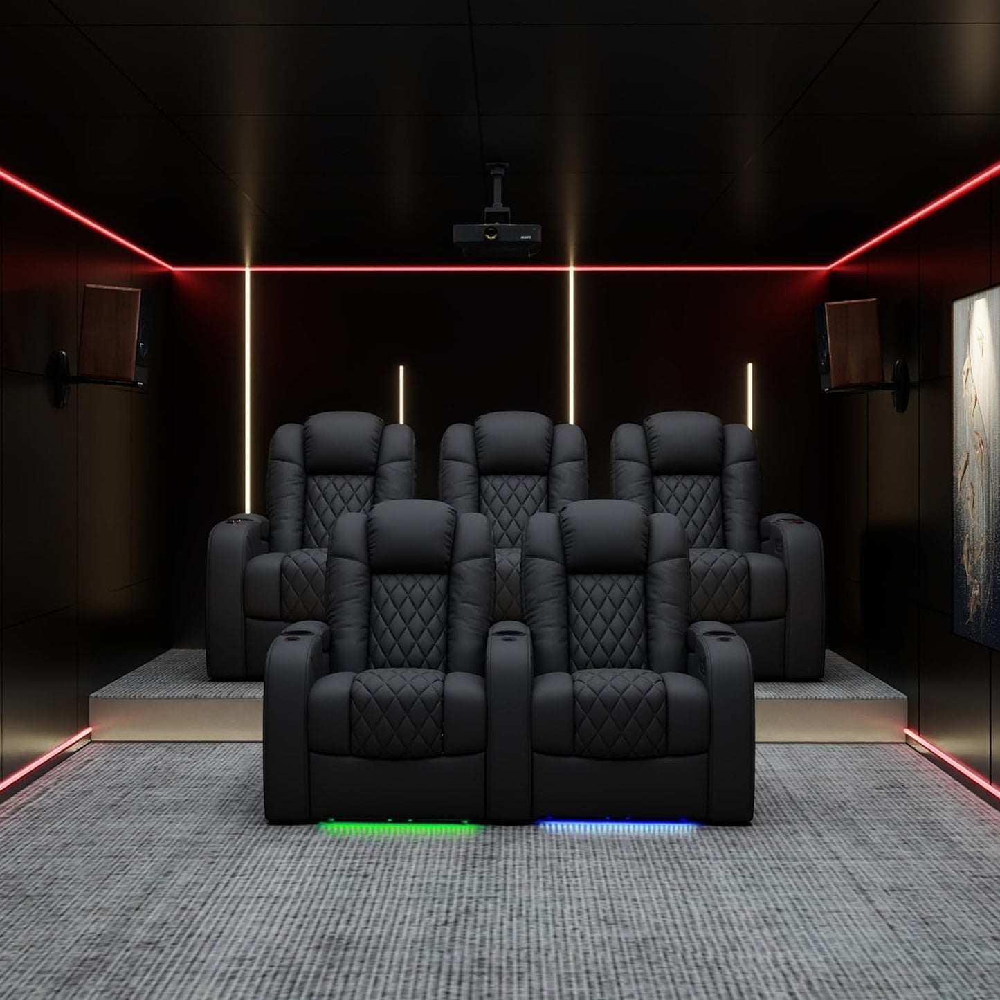 Weilianda Home Theater Seating Top Grain Leather Zero Gravity Recliner Chair Power Headrest Recline Movie Seat Gaming 7 Colors Mood Light Sofa with Tray Table USB Charge Row of 4 Loveseat Right Black