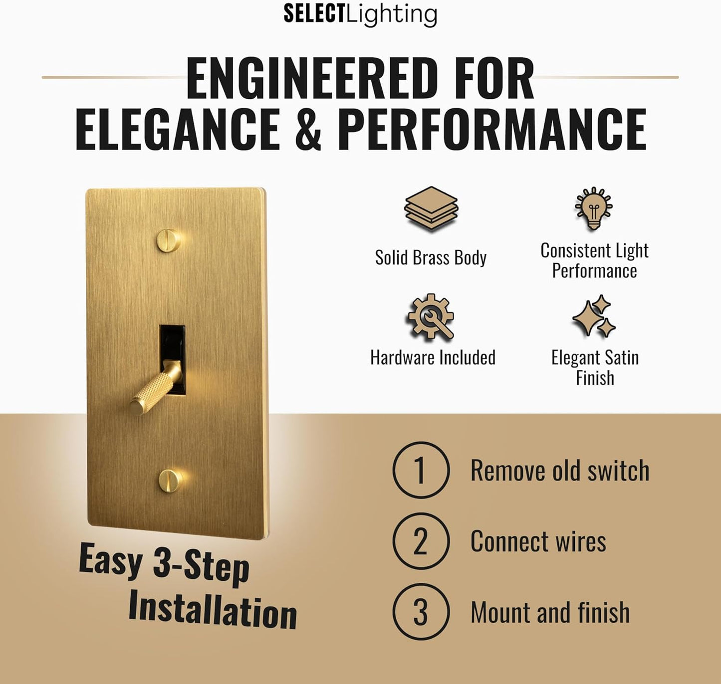 1-Gang Satin Solid Brass Plated Toggle Switch, 15A 120V AC Wall Mount, 3-Way Compatible Vintage Style Single Pole with Faceplate & Switch Module