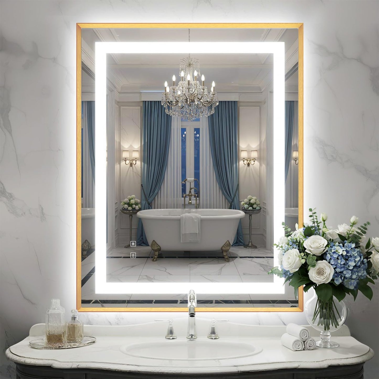 28X36 Inch LED Bathroom Mirror with Lights, Gold Frame Frontlit+ Backlit Bathroom Vanity Mirror for Wall, Ultra-Clear Tempered Glass, Shatter-Proof, Anti-Fog and Memory Function, ETL Listed