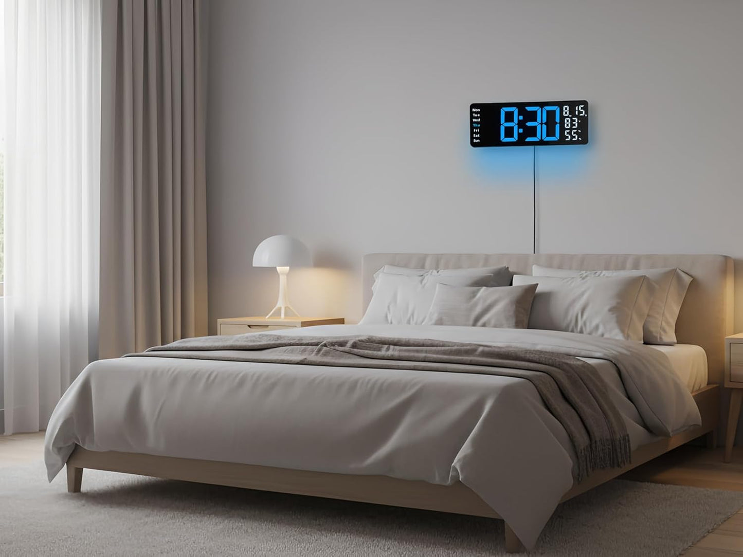 17.5 Inch Blue LED Digital Wall Clock with 8 Ambient Light Colors｜Displays Time,Date,Day,Temperature&Humidity,Dual Alarms,Countdown&Stopwatch,DST,10-Level Auto/Manual Brightness｜Modern Silent Clock