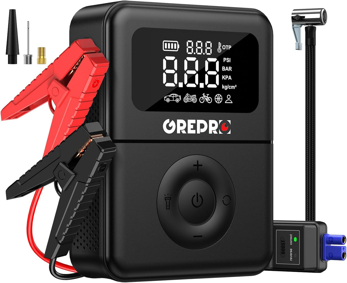 GREPRO Jump Starter with Air Compressor, 5000A Battery Jumper Starter Portable(9.0L Gas/7.0L Diesel),150PSI Tire Inflator 12V Car Battery Booster with Jumper Cables, Digital Display, LED Flashlight