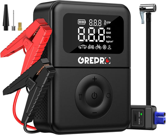 GREPRO Jump Starter with Air Compressor, 5000A Battery Jumper Starter Portable(9.0L Gas/7.0L Diesel),150PSI Tire Inflator 12V Car Battery Booster with Jumper Cables, Digital Display, LED Flashlight