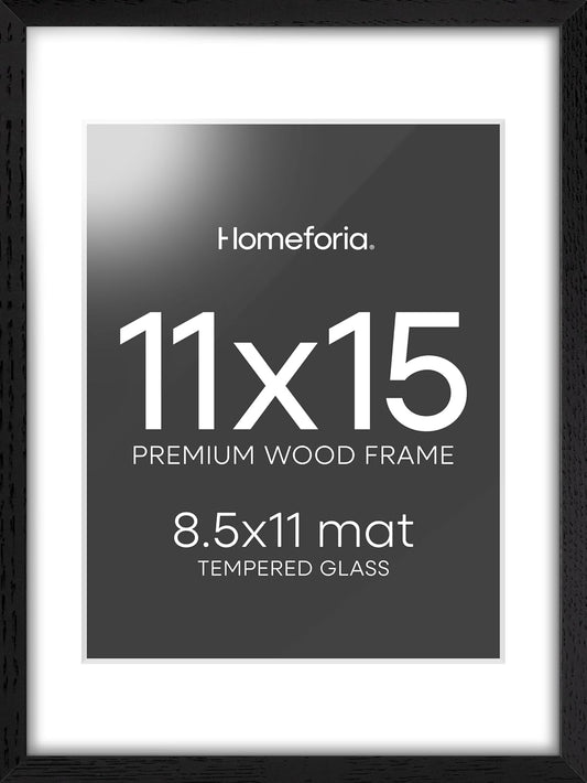 Homeforia 11x15 Picture Frame Black Wood, High End Oak 11x15 Poster Frames with Mat 8.5x11, 11 x 15 Wooden Frames Matted to 8.5 x 11 inch Photo, 15x11 Hanging Frame, Tempered Glass, Wall Kit, Set of 1