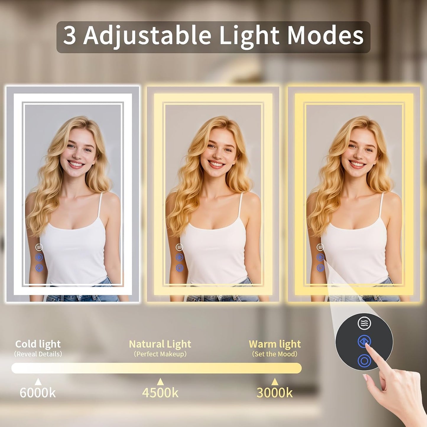 26"x38" Bathroom Mirror with Lights, Anti-Fog, Backlit + Front Lit, Dimmable, Led Vanity Mirror for Wall, Lighted Bathroom Mirror, 3 Colors, Shatter-Proof Tempered Glass