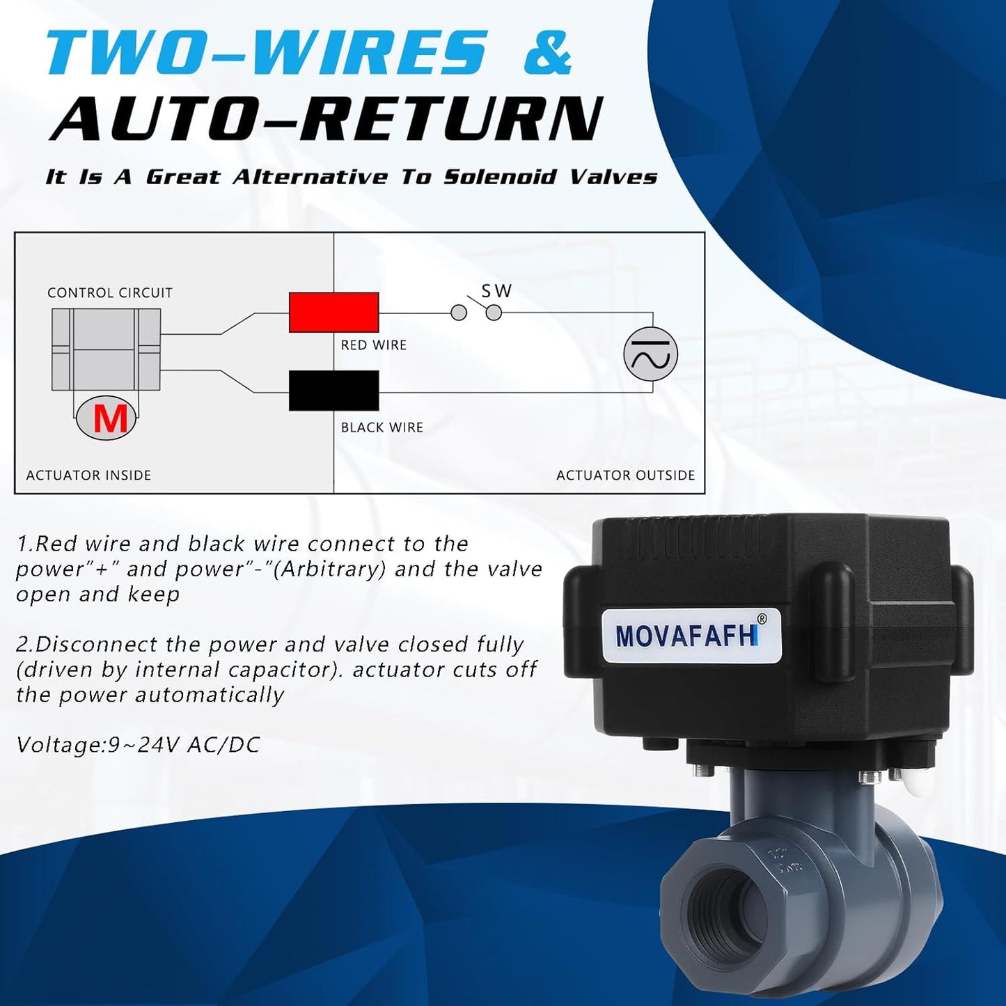 1" Motorized Ball Valve UPVC - 2 Wire Auto Return Electric Water Valve with Full Port, 9-24V AC/DC Automatic Ball Valve