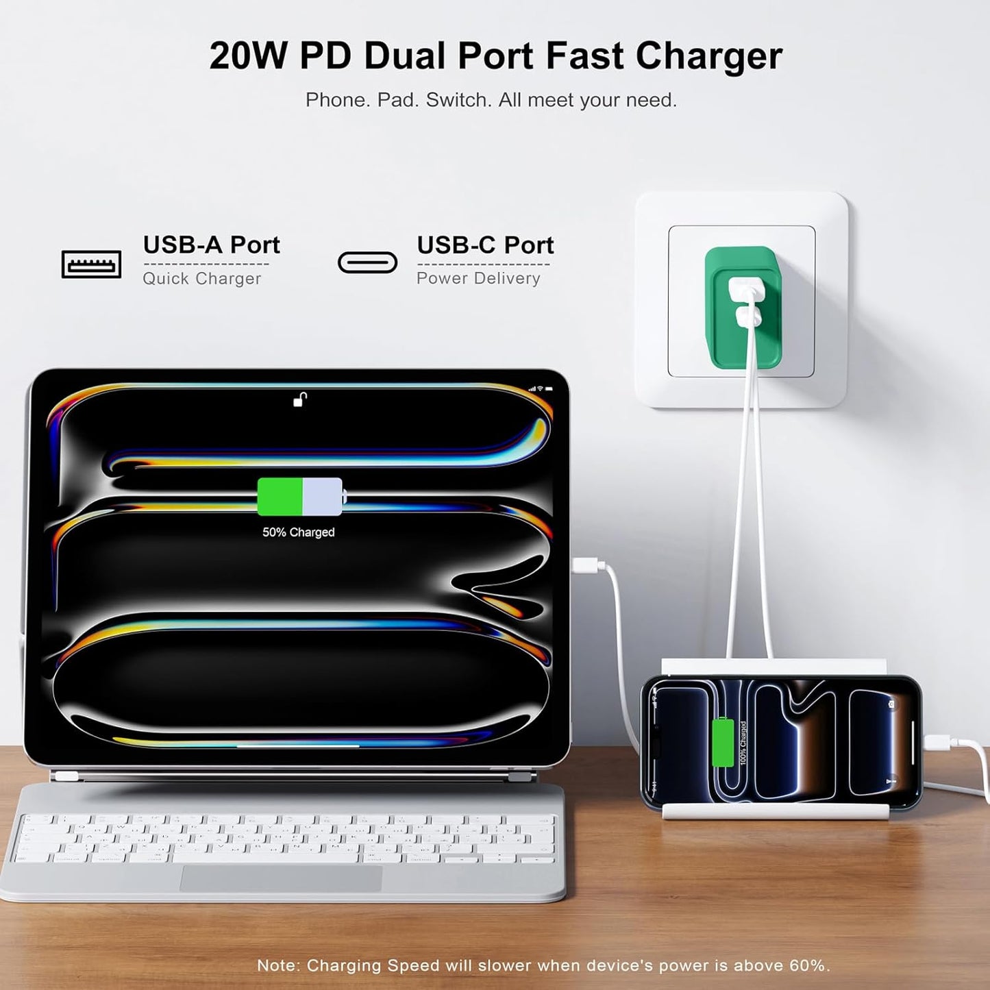 20W USB C Fast Charger, 3Pack Durable Dual Port PD 3.0 with USB A Wall Charger Block for iPhone, iPad Pro, AirPods Pro, Samsung Galaxy, Motorola, LG, Google Pixel Brick Plug Power Adapter(Green)