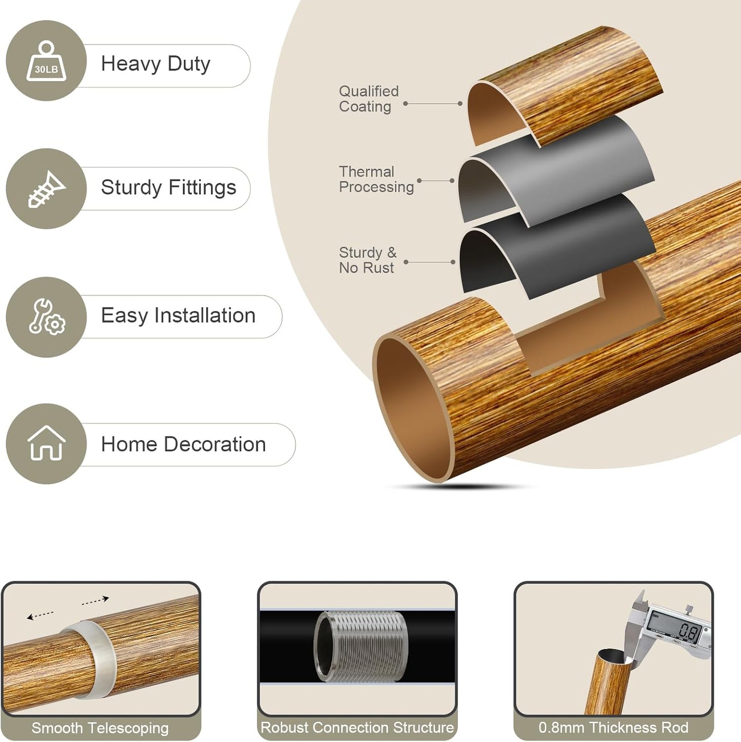 2 Pack Imitation Wood Curtain Rods for Windows 28 to 48 Inch, 1'' Adjustable Heavy Duty Decorative Drapery Rods with Classic Finials, Dark Imitation Wood Window Curtain Pole, Size 18-45''