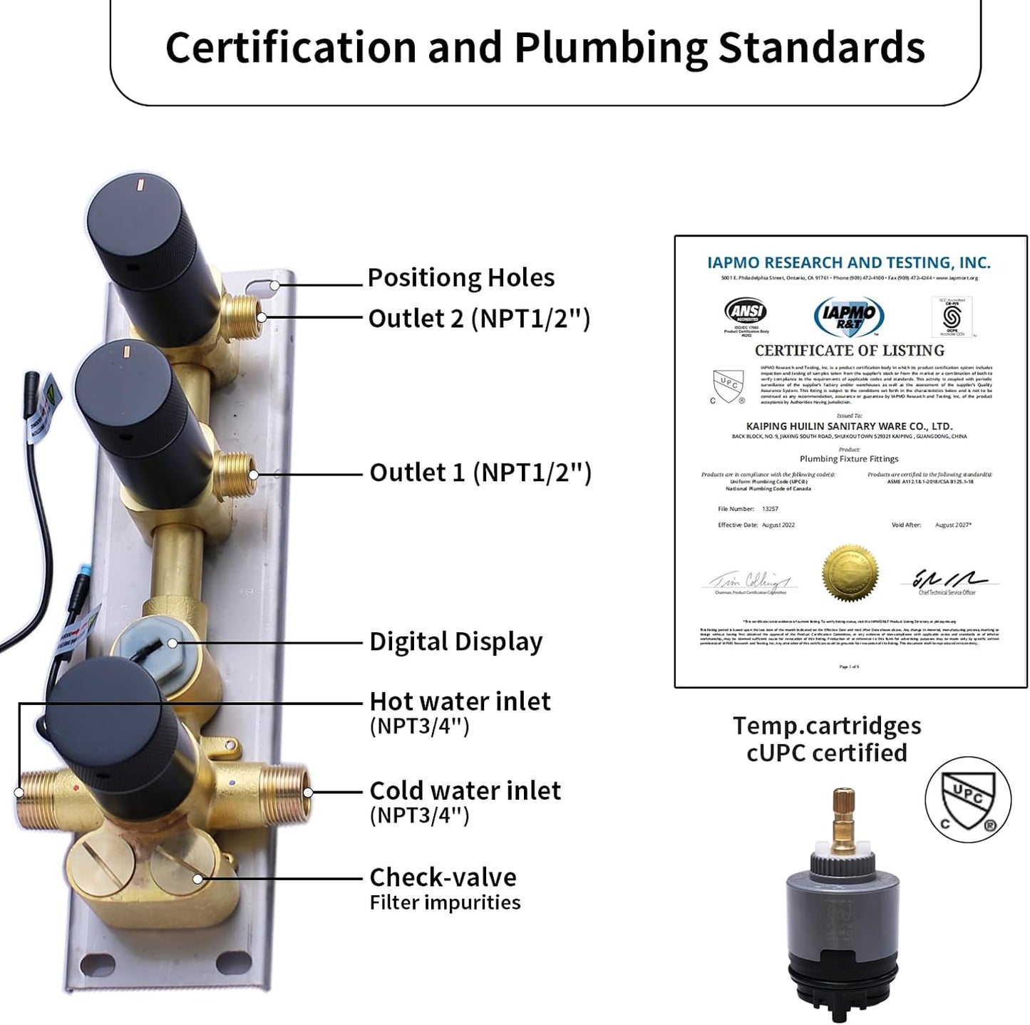 2 Way Shower Diverter Valve Brass 2 Functions Digital Temperature Display Thermostatic Shower Mixing Valve Kit 3 Handle Flow Cotrol Valve, Can Run Simultaneously Matte Black