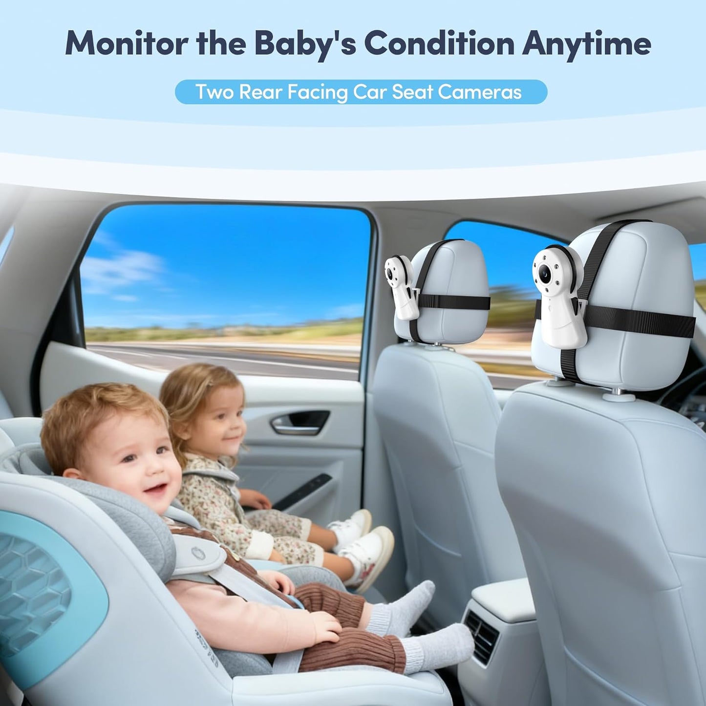 2-Kids Baby Car Camera Dual Monitor – 7 Inch Display with Two Rear Facing Car Seat Cameras, 1080P HD Night Vision IR-CUT, USB Powered Plug and Play Backseat Baby Monitor for Infant & Toddler Safety