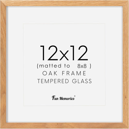 12x12 Picture Frame, Solid Oak Wood 12"x12" Photo Frame for Wall, 12 x 12 Frame Matted to 8 x 8, Square 12x12 Frame, Tempered Real Glass, 12 x 12 Collage Gallery Frames - Natural Oak Color, 1 Pack