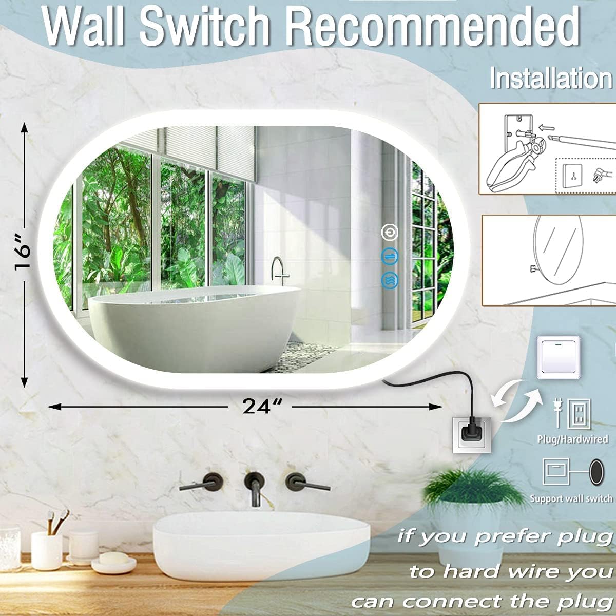 24 x 16 Inch LED Oval Bathroom Mirror with Lights Antifog 3 Color Adjustable Backlit Oval Lighted Vanity Mirror for Bathroom Wall Horizontal Vertical Mounted Frameless Backlit Ovals Mirrors