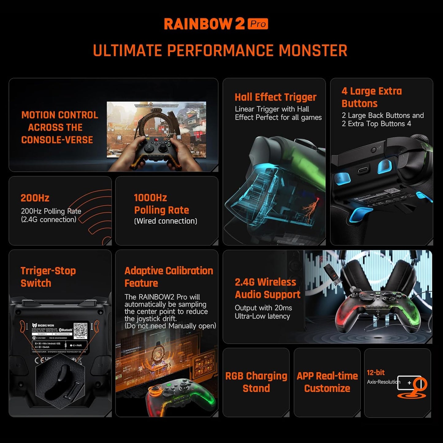 PC Controller, BIGBIG WON Wireless Controller Motion Control, Hall Trigger, ALPS Joystick, 3.5mm Audio, Gaming Controller for PC Windows/Android/iOS/Switch Pro Controller (Rainbow 2 Pro&Charging Dock)