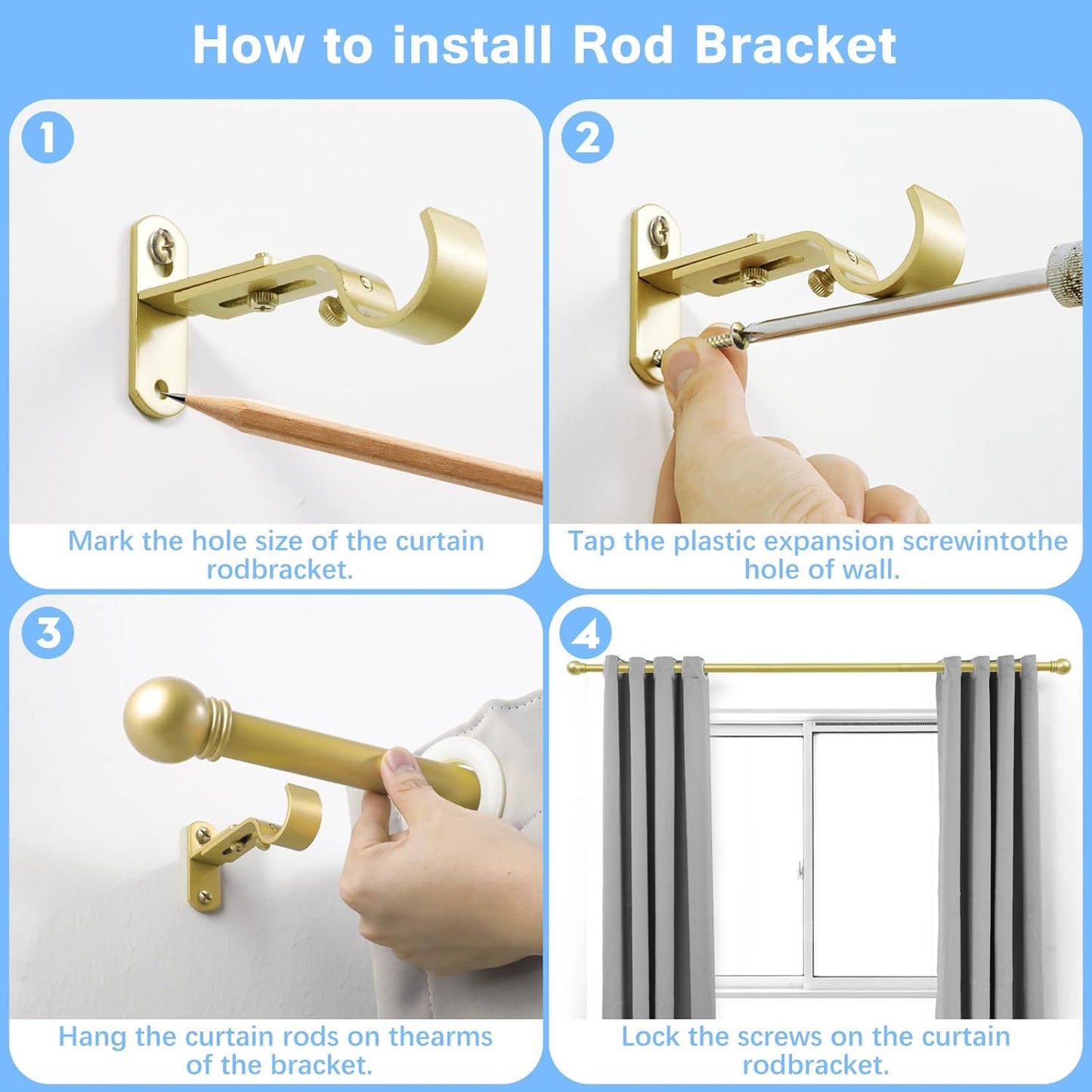 Curtain Rods for Windows 16 to 150 Inches, Curtain Rod Max Adjustable Length of 160 IN, 6/8" Diameter Drapery Rods Round Finials, Warm Gold, Pack of 1