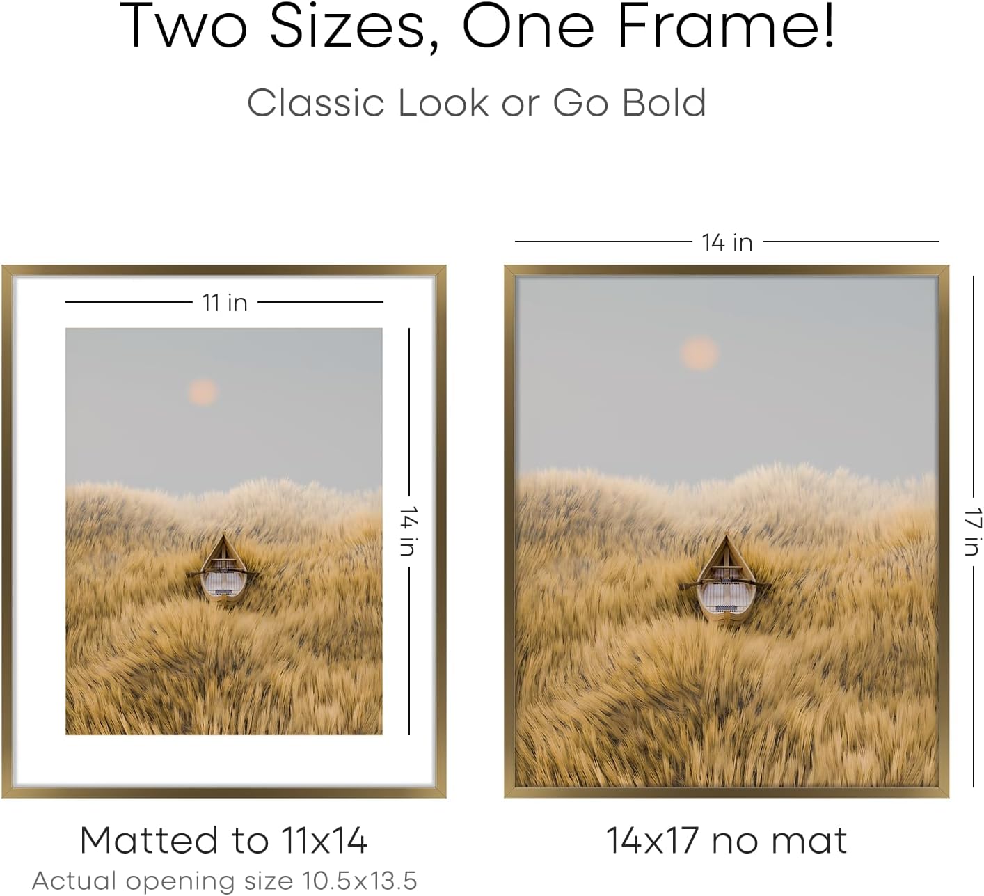 Homeforia 14x17 Picture Frame Bronze, High End Metal 14x17 Brass Poster Frames with Mat 11x14 for Photo, 14 x 17 Frame Matted to 11 by 14 Print, 17x14 Hanging Frame, Tempered Glass, Wall Kit, Set of 2