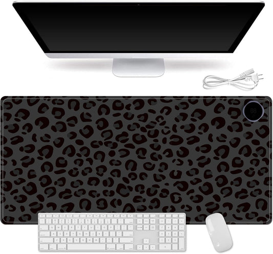 Heated Mouse Pad for Desk 31.5" x 13" – PU Leather Warm Desk Pad with 3 Heat Levels (104°F/113°F/122°F), Plug-in Electric Heating Mat with Auto Shut-Off, Waterproof & Rollable, Dark Leopard Print